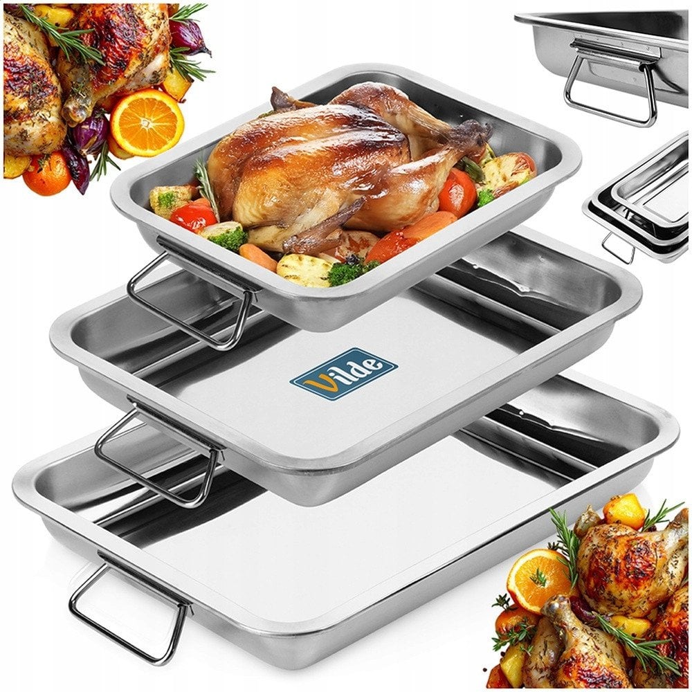 Brytfanny Blachy do Pieczenia Stalowe Prostokątne z Uchwytami VILDE 3 szt.