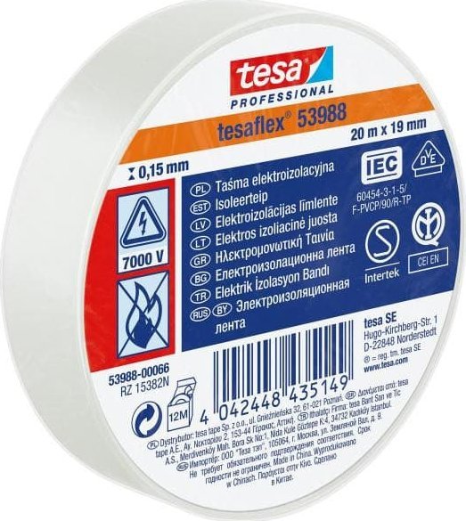 Tesa Taśma elektroizolacyjna 5000V PVC 20m 19mm biała 53988-00066-00