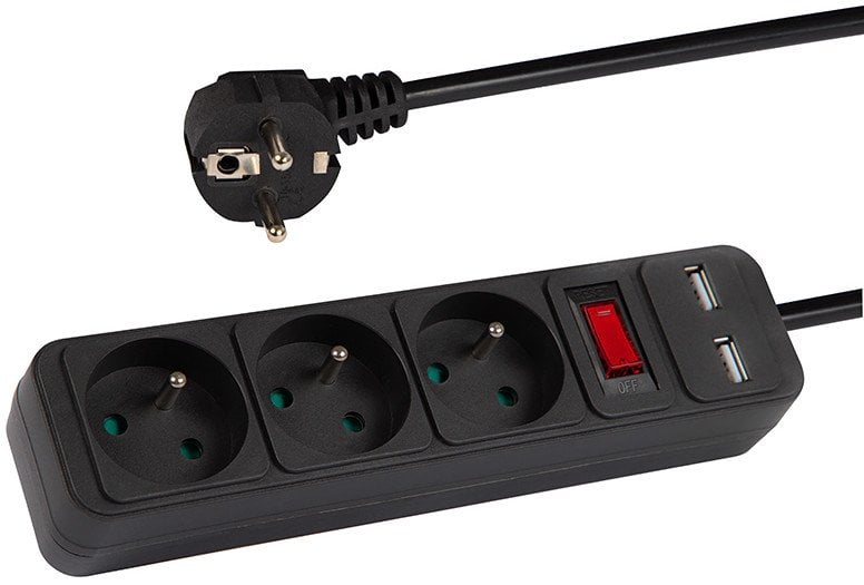 98-776# Przedłużacz sieciowy pr-370wsp/usb 3-gniazda+usb z uziemieniem+wyłącznik 5m czarny 3x1,5mm