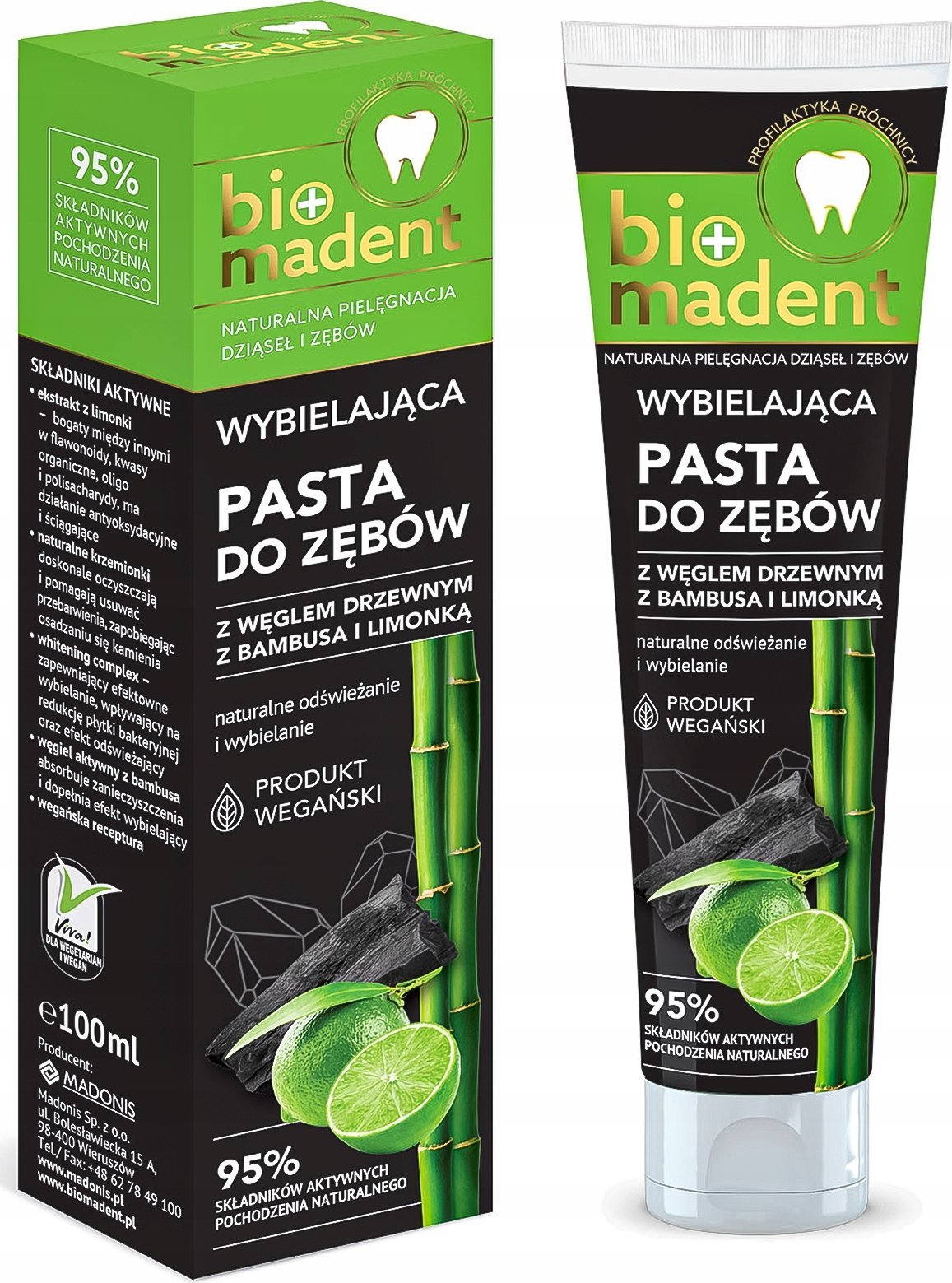 Bio Madent Wybielająca pasta do zębów z węglem drzewnym z bambusa i limonką 100ml