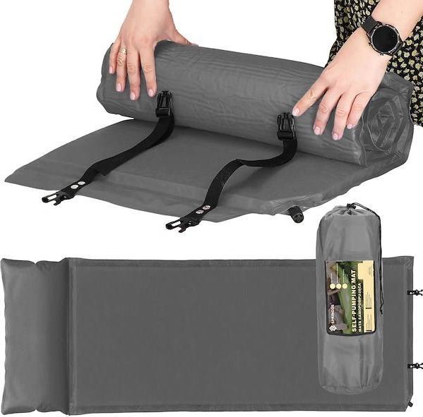 Springos Mata samopompująca 186 cm z poduszką mata turystyczna biwakowa z pokrowcem szara UNIWERSALNY