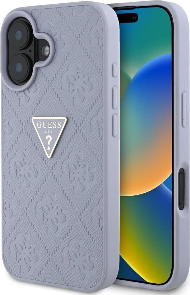 Guess Hot Stamp 4G Pattern Triangle Metal Logo iPhone 16 Case Purple