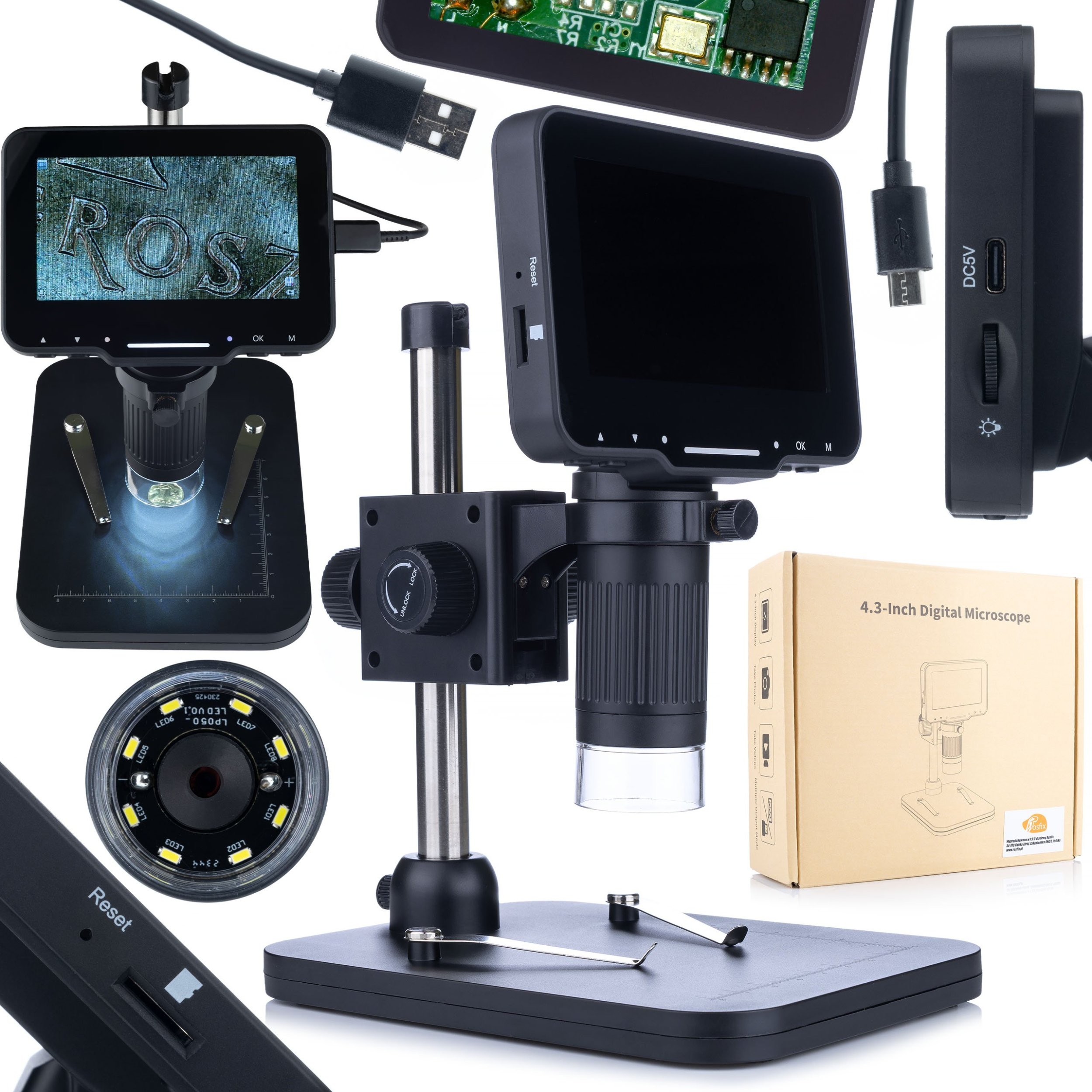 Mikroskop Rosfix MIKROSKOP CYFROWY Z WYŚWIETLACZEM 4,3 DO LUTOWANIA JUBILERSTWA 1000X PC