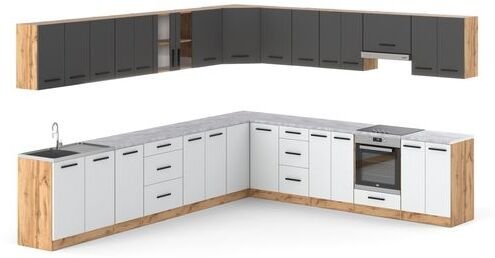 Meble Kuchenne Narożne Duże Modułowe Z Blatem 6.8m Wotan Szary Biały Mat