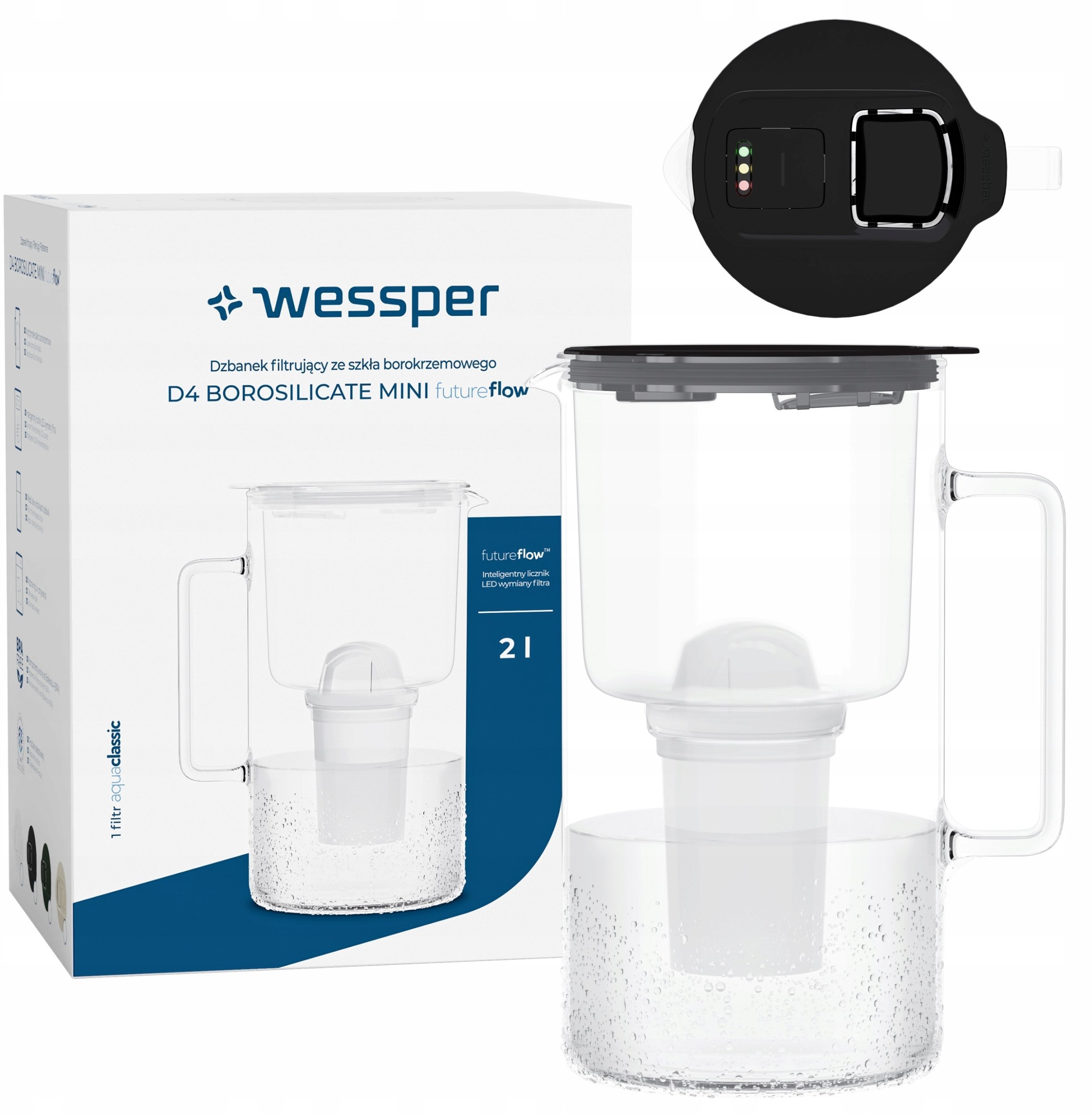 Dzbanek Wessper D4 BOROSILICATE MINI futureflow™ Aquaclassic (WES209-FF-BK)