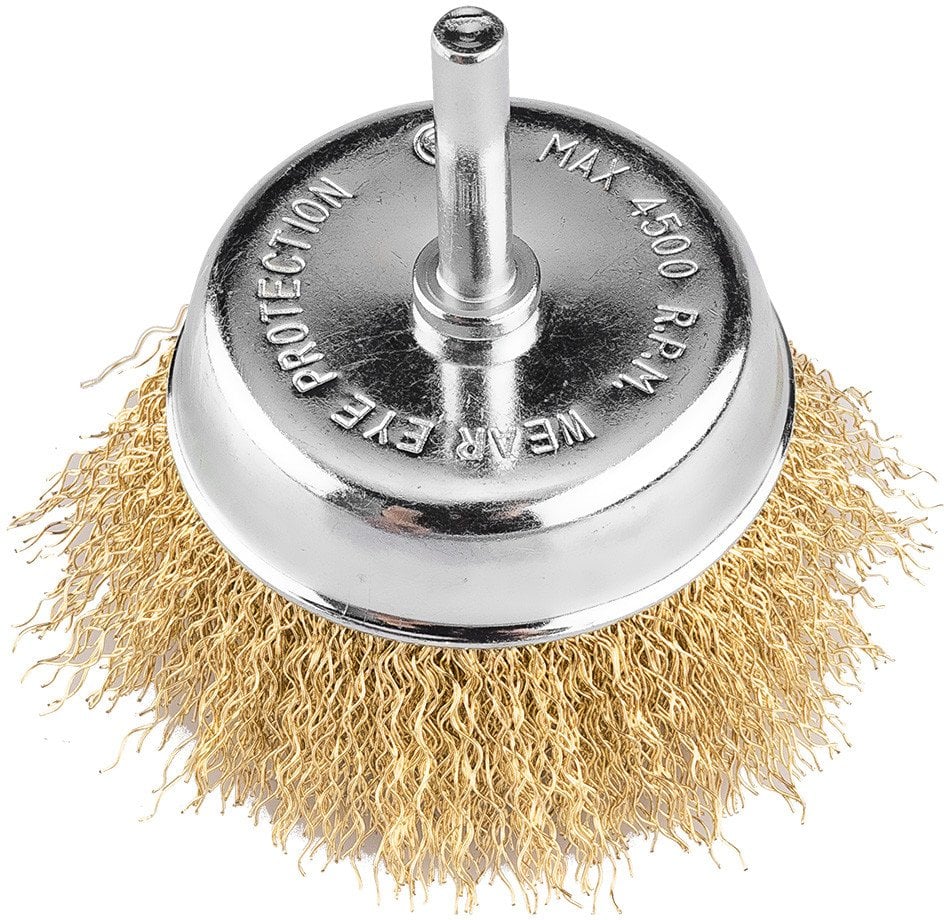 Szczotka druciana doczołowa 75 mm, drut karbowany, mosiądzowany, z trzpieniem 6 mm