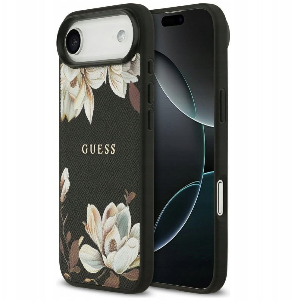 Etui Guess Grained Flowers Classic Logo MagSafe do iPhone Air czarny