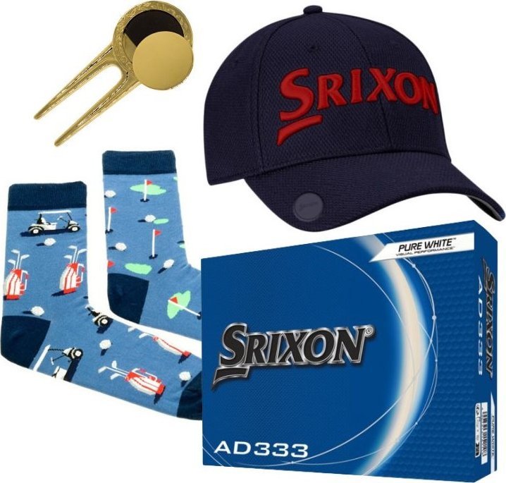 Srixon Zestaw prezentowy dla Golfisty, Srixon E01, czapka z daszkiem, skarpety, piłki golfowe i pitchfork