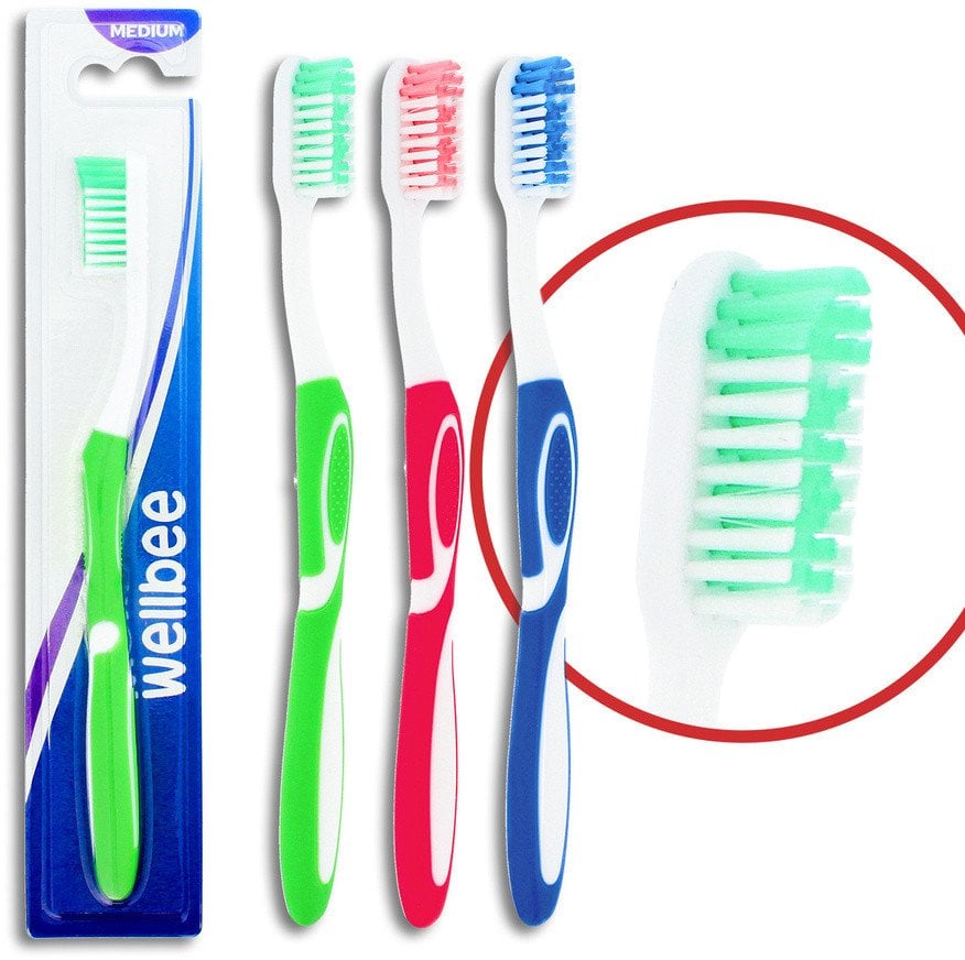 WELLBEE Szczoteczka do zębów dla dorosłych o średniej twardości (blister 4) - mix kolorów 1szt