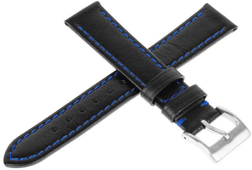 Skórzany pasek do zegarka Connect A02 18 mm czarny niebieska nitka .