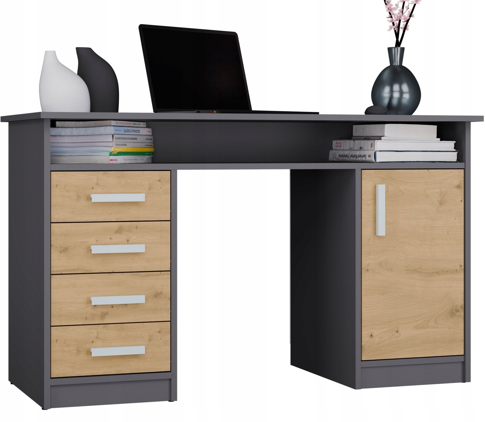 BIURKO ADA ANTRACYT DĄB ARTISAN 125 Cm 4 Szuflady Szafka Półki Do Biura Pokoju Na Laptop