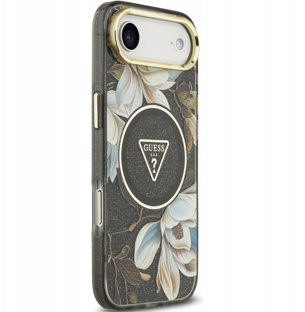 Etui Guess IML Glitter Flowers Triangle MagSafe do iPhone Air czarny