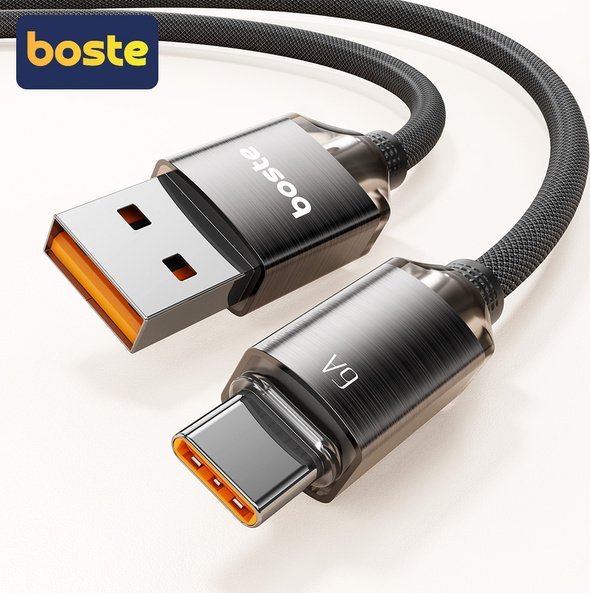 Boste Gemstone Series Fast Charging Data Cable USB-A to USB-C 6A 1m Brushed Black
