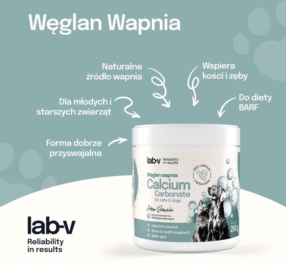 LAB V Węglan Wapnia Naturalne źródło wapnia dla psów i kotów 250 g