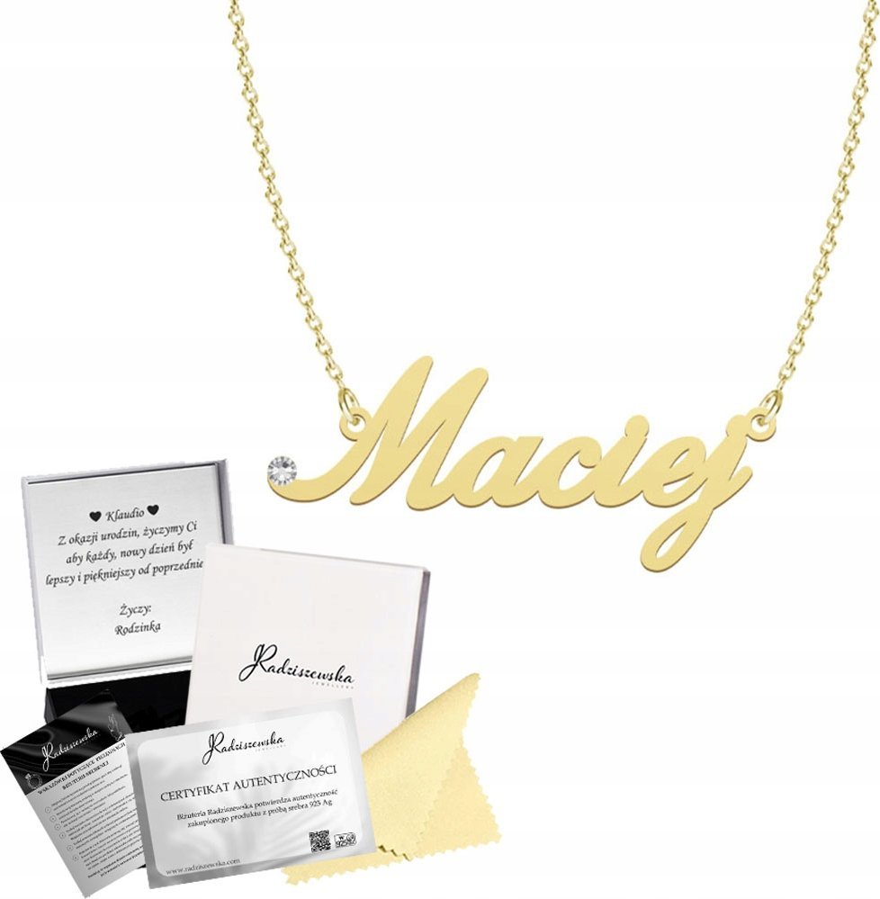 Radziszewska Jewellery Złoty Naszyjnik z IMIENIEM MĘSKIM Łańcuszek SREBRO 925 TABLICZKA GRATIS