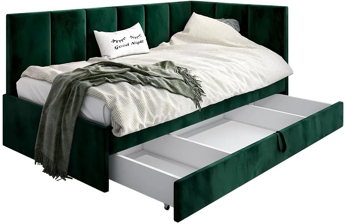 Łóżko młodzieżowe AURA 2 90x200 zielone z tapicerowanym panelem L i szufladą MKPOL