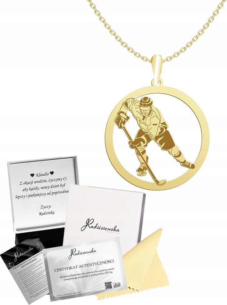 Radziszewska Jewellery Złoty Naszyjnik HOKEJ Hokeista Łańcuszek Prezent SREBRO 925 GRAWER GRATIS
