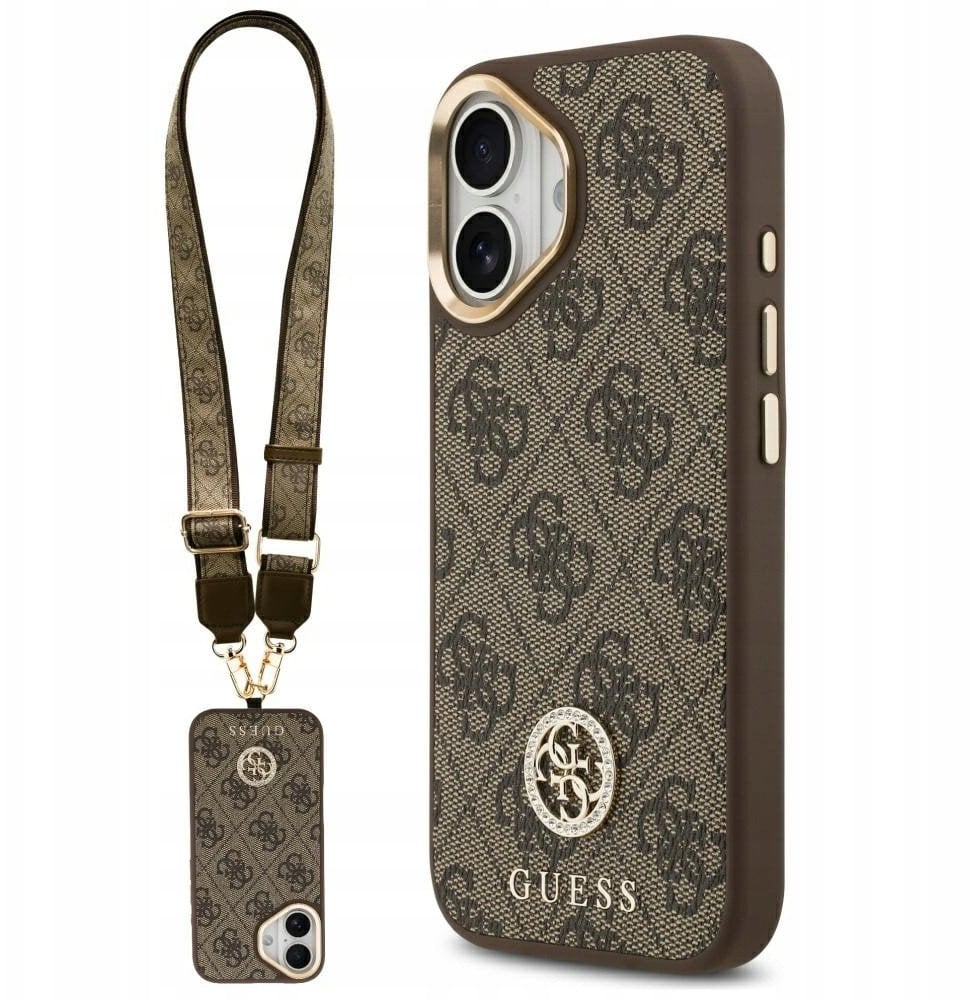 Etui Guess 4G Strass Logo & Big Strap Metal Buttons MagSafe do iPhone 17 brązowy