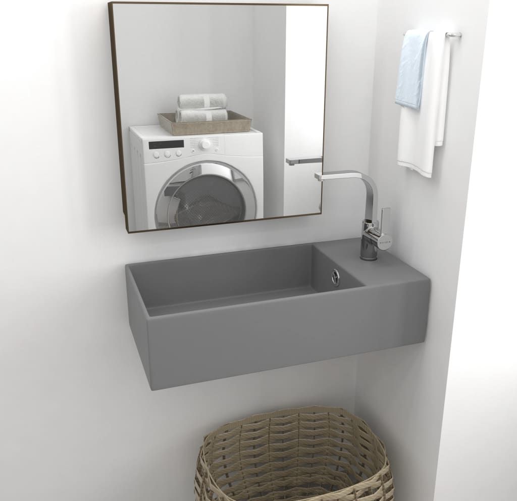 Umywalka vidaXL Ścienna umywalka z otworem przelewowym, ceramika, jasnoszara