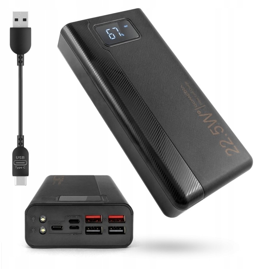Szybki Powerbank 10000mAh 3A 22W PD 4x USB-A USB-C Apple Lightning Latarka