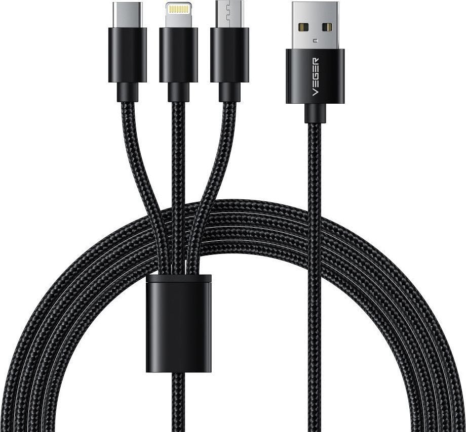 Kabel USB Veger USB-A - USB-C + microUSB + Lightning 1.2 m Czarny