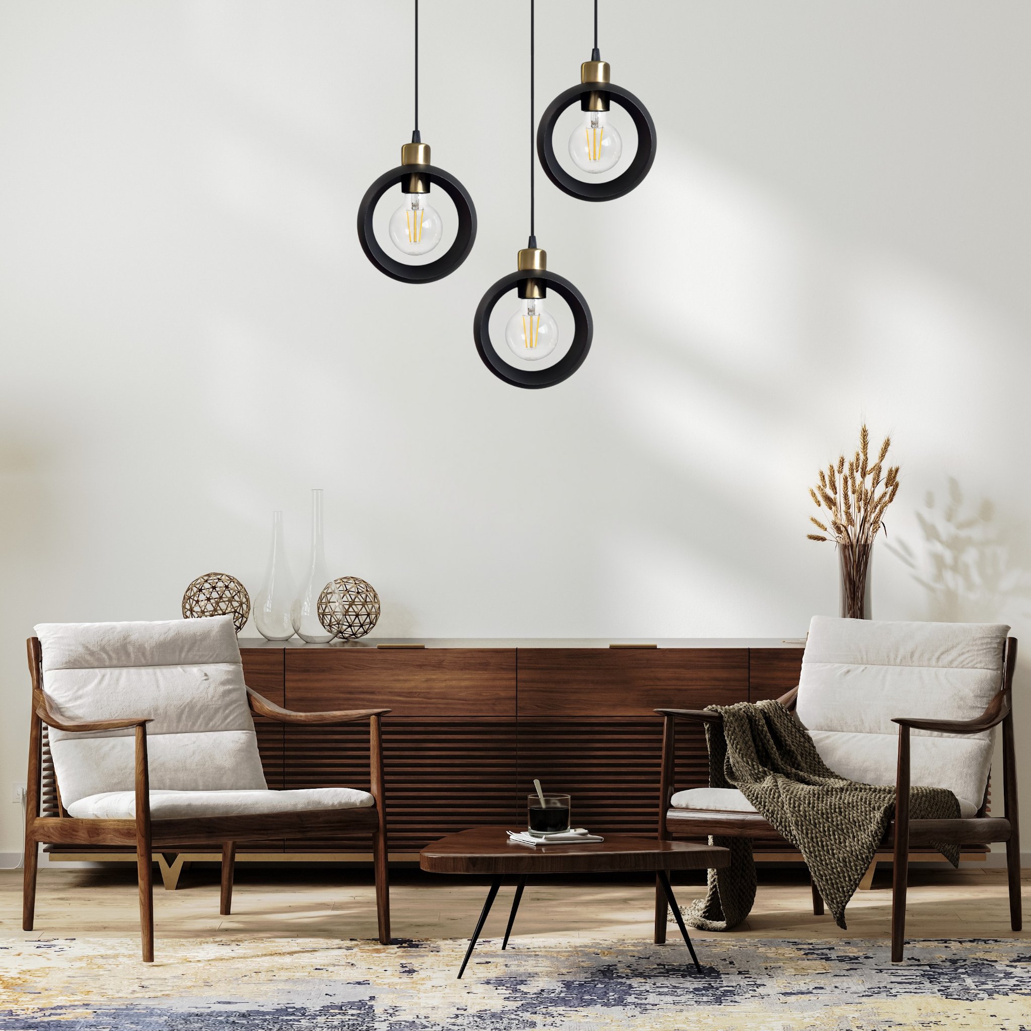 Nowoczesna lampa sufitowa plafon RING wisząca 3-punktowa industrialny design, loft, czarna z akcentami starego złota