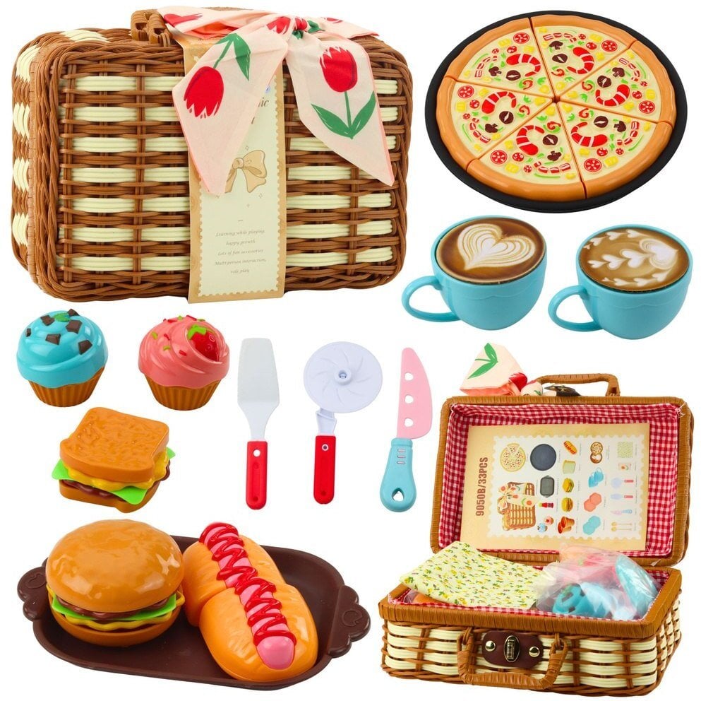 Zestaw Piknikowy Koszyk Pleciony Jedzenie Akcesoria 33 el.