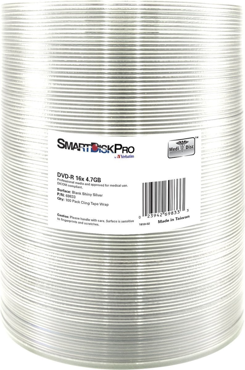 SmartDisk DVD-R Blank Shiny Silver 69833 4.7GB 16x wrap 100-pack without printing capability 12cm for data archiving