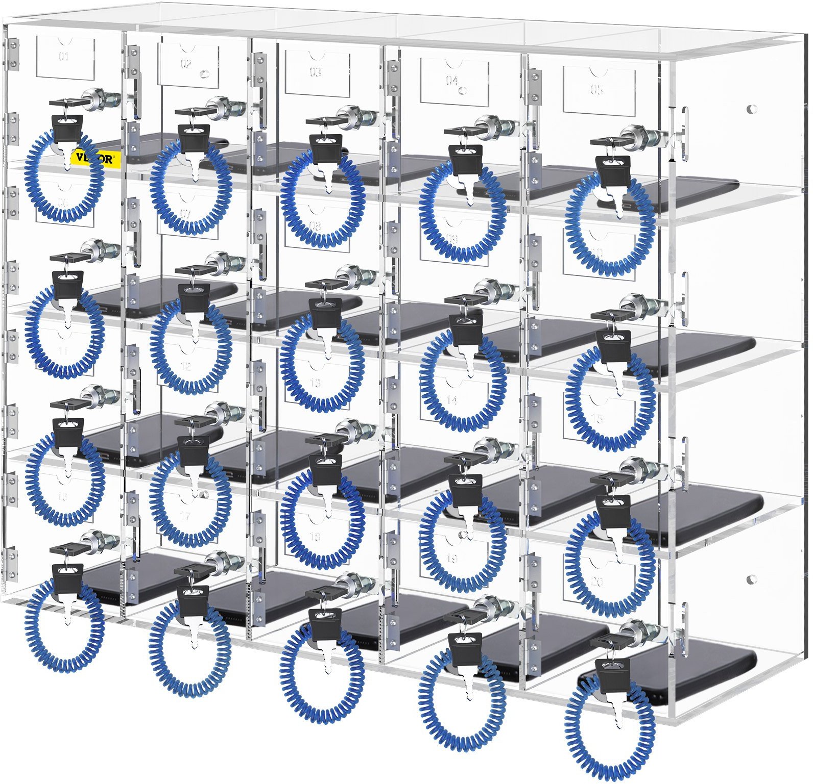 Szafka na telefony 20 przegródek akrylowa z zamkami na klucz ścienna