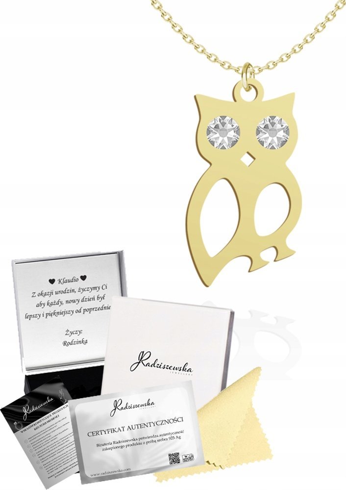 Radziszewska Jewellery Złoty Naszyjnik SOWA Łańcuszek SREBRO 925 Prezent Kobieta DEDYKACJA GRATIS
