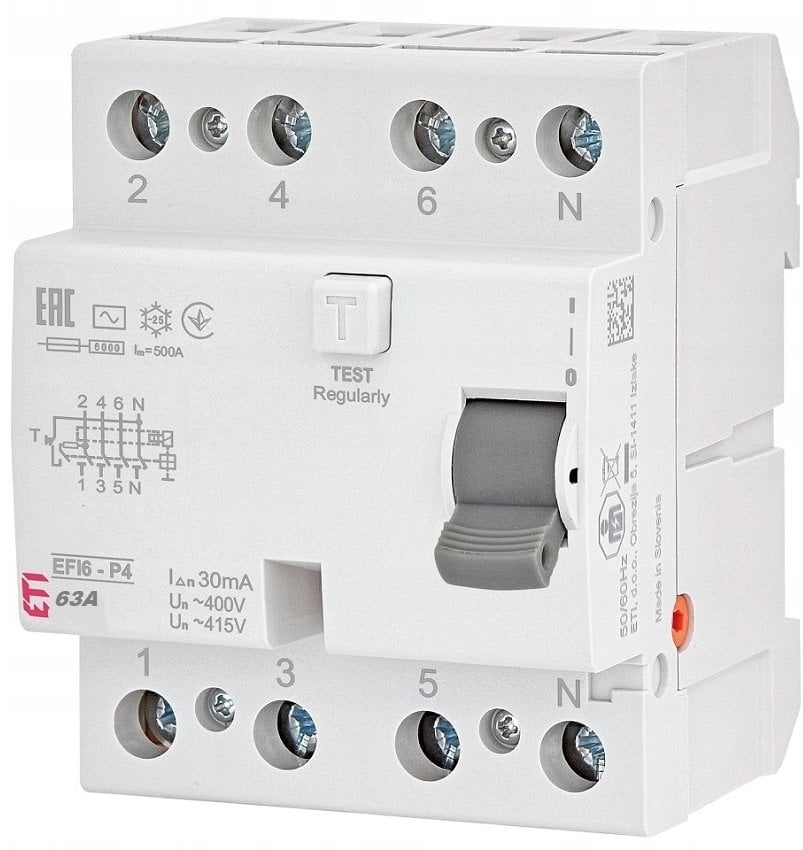Wyłącznik różnicowoprądowy 4P 63A 0,03A typ A 6kA EFI6-P4 A 63/0.03 002061663