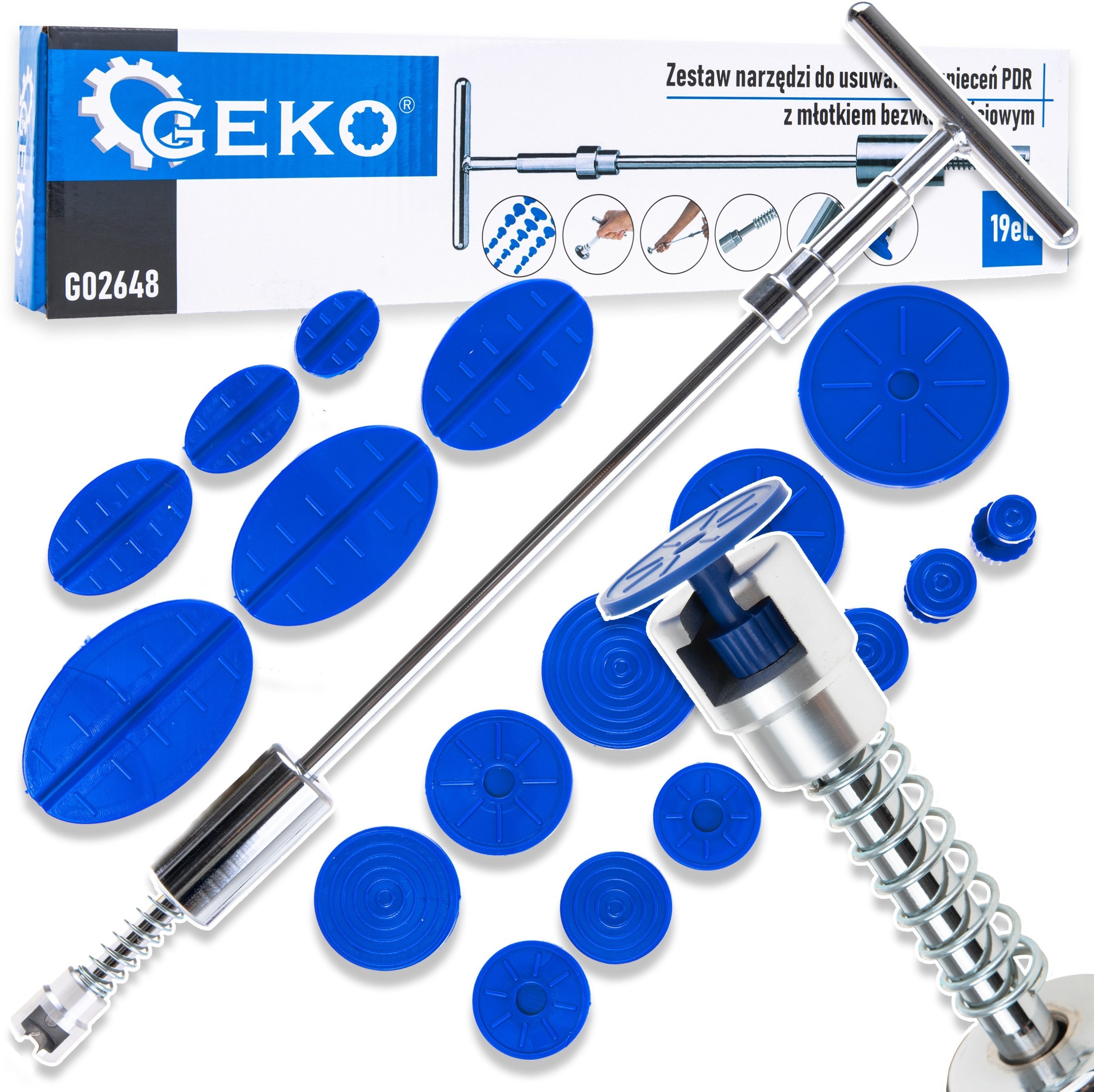 Zestaw narzędzi do usuwania wgnieceń PDR z młotkiem bezwładnościowym 19el. (15)