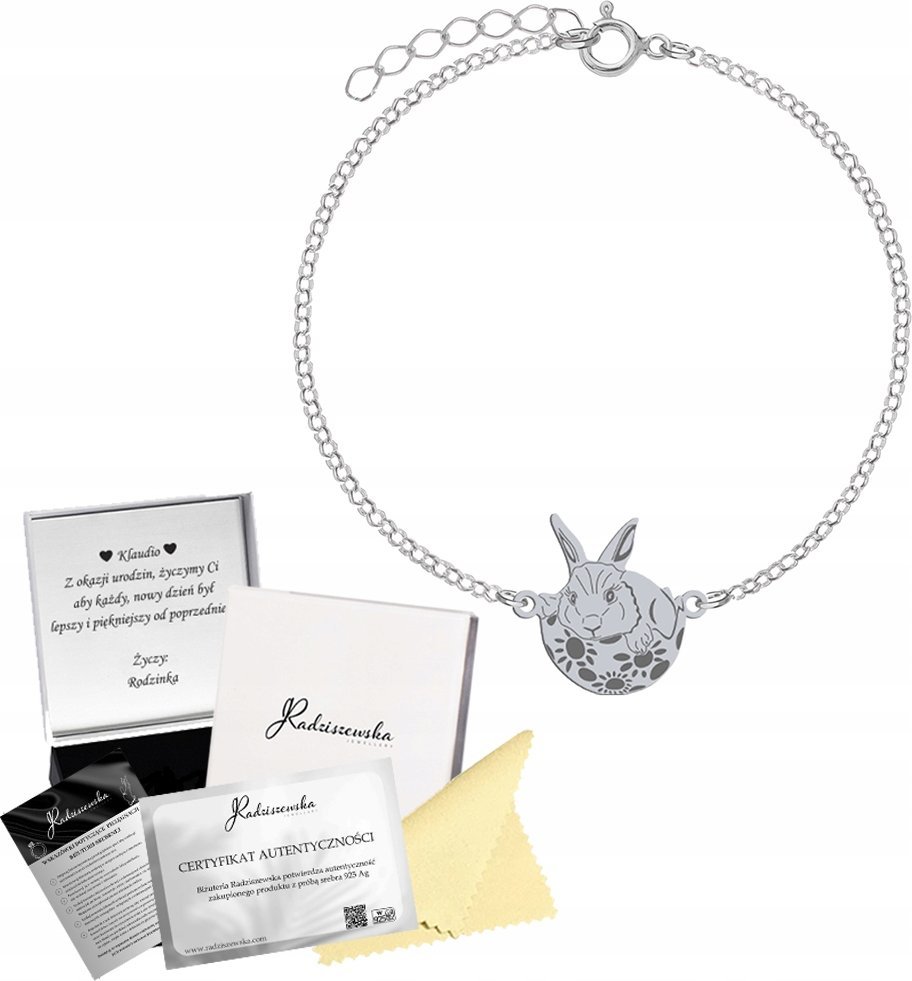 Radziszewska Jewellery Bransoletka Srebrna Zajączek Wielkanocny Łańcuszek Prezent GRAWER GRATIS