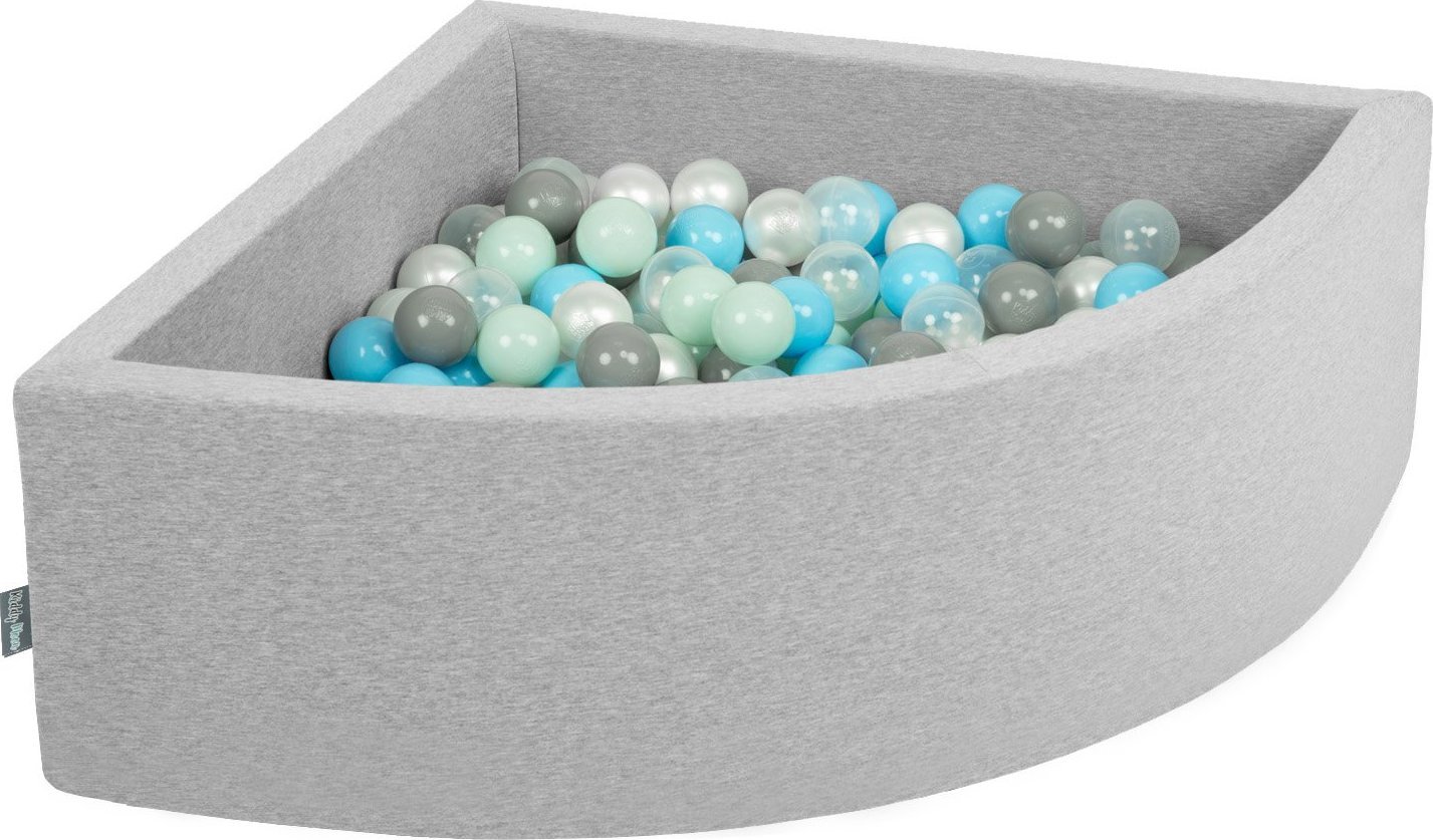 KiddyMoon KiddyMoon Suchy basen trójkątny z piłeczkami 7cm jasnoszary: perła-szary-transparent-babyblue-mięta 90x30cm/300piłek Zabawka basen piankowy