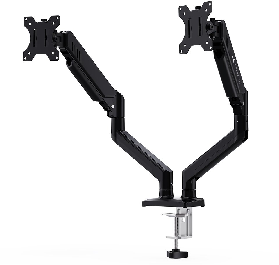 Triadyn Nowy Uchwyt Biurkowy DuoFlexMount na Dwa Monitory Telewizory 13-32" Ergonomiczny Regulowany Obrotowy TRD-BLK-2AL-13"-32"