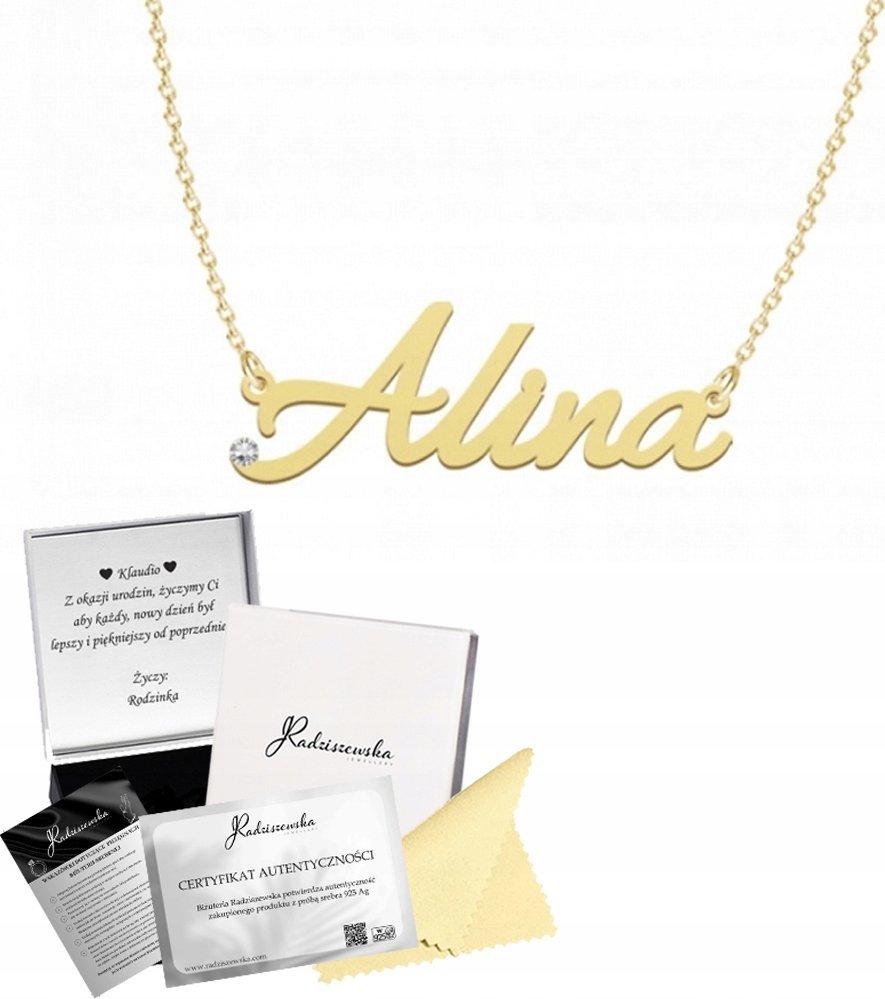 Radziszewska Jewellery ZŁOTY ŁAŃCUSZEK Z IMIENIEM ALINA SREBRO 925 PREZENT ŻYCZENIA GRATIS