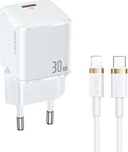 Ładowarka Usams USAMS Ład. siec. USB-C T45 30W PD3.0 +QC3.0 Fast Charging +kabel U63 USB-C/Lightning biały/white UXTZH02 (USAMS-UX)