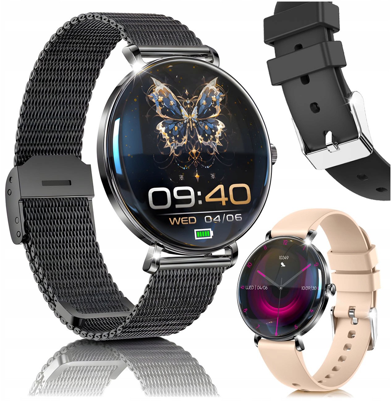 SMARTWATCH DAMSKI PL MENU ZEGAREK ROZMOWY SMART WATCH CIŚNIENIE 3 PASKI