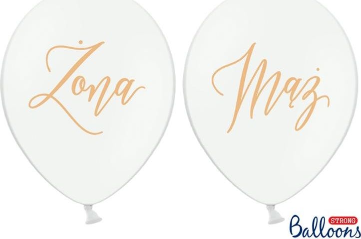 Party Deco Balony ślubne, Żona Mąż, białe ze złotym nadrukiem, 30 cm, 6 szt. uniwersalny