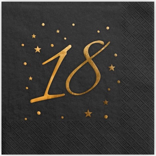 SERWETKI na 18 urodziny ze złotym napisem 33x33cm 20szt CZARNE