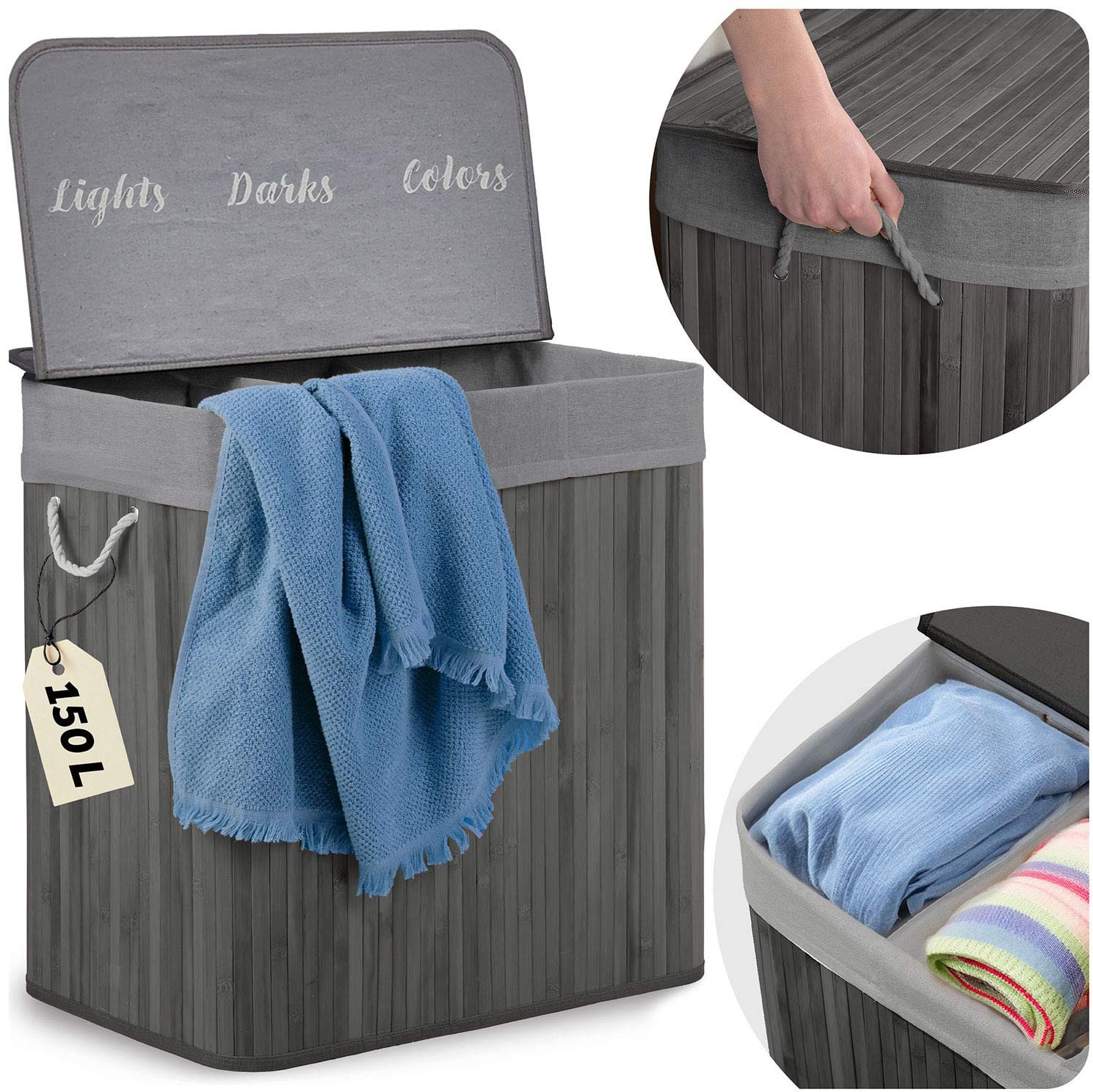 Bambusowy kosz na pranie bieliznę z pokrywą 150 l Massido