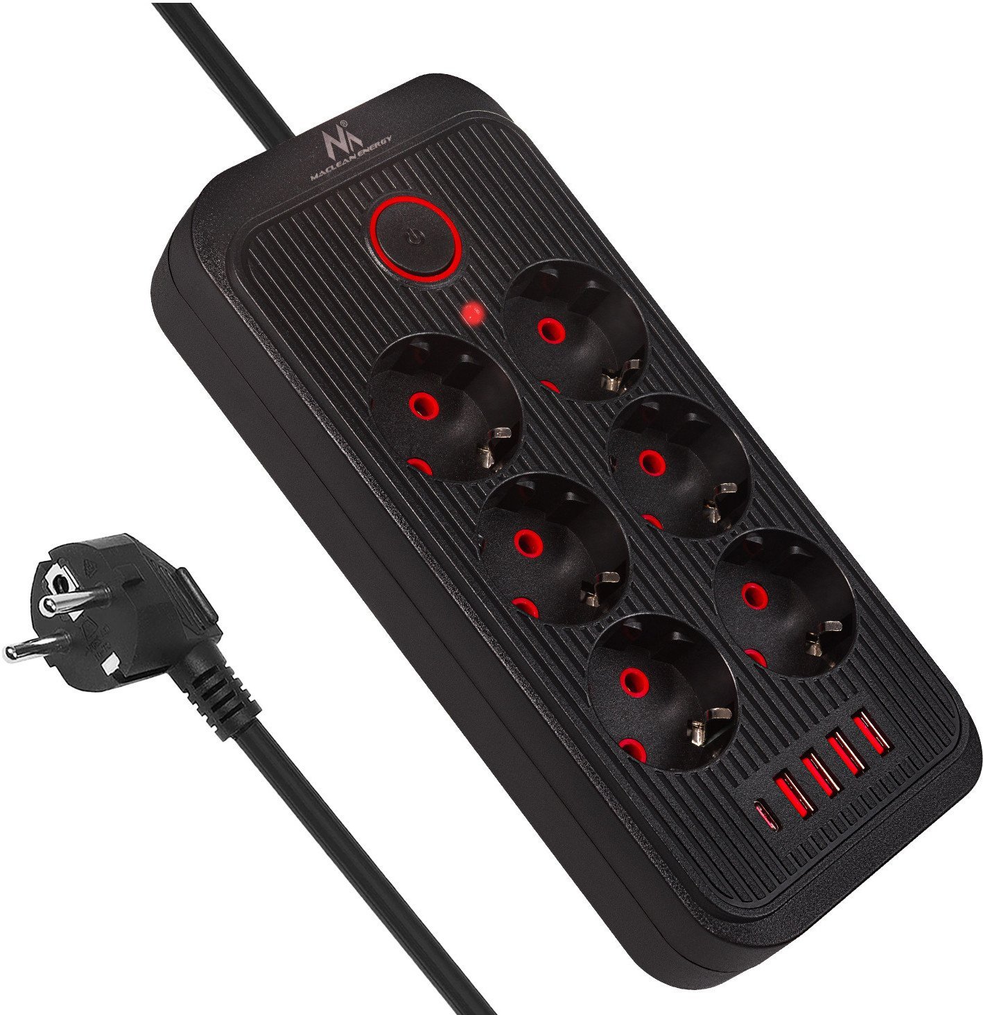 Listwa zasilająca Maclean, przedłużacz 6 gniazd + 4xUSB, 110-240V AC 50/60Hz, 2.1A max 2500W, 1,5 m, czarna,MCE389 B