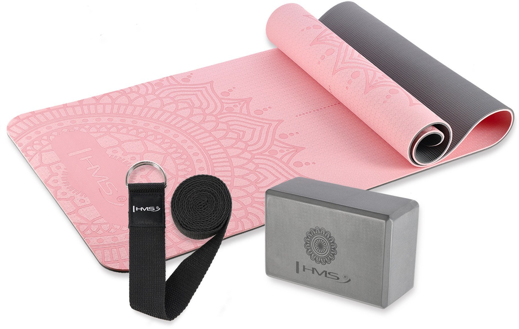 ZESTAW DO JOGI HMS MATA TPE LIGHT PINK YM10 + KOSTKA GRAY KJ02 + PASEK SJ02