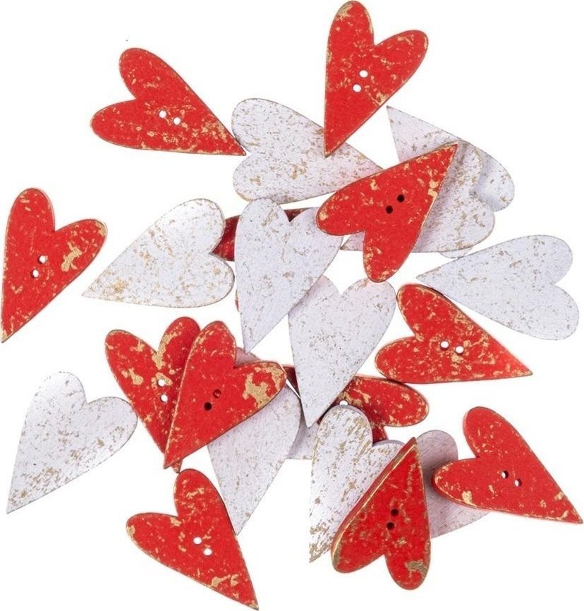 Guziki drewniane serca 2x3,2cm 24szt MIX