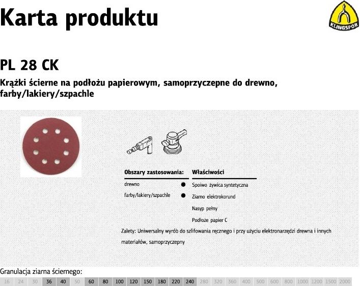 Klingspor krążek ścierny samoprzyczepny 125mm PL28CK gr.120 GLS5, 8 otworów, 50 sztuk (270694)