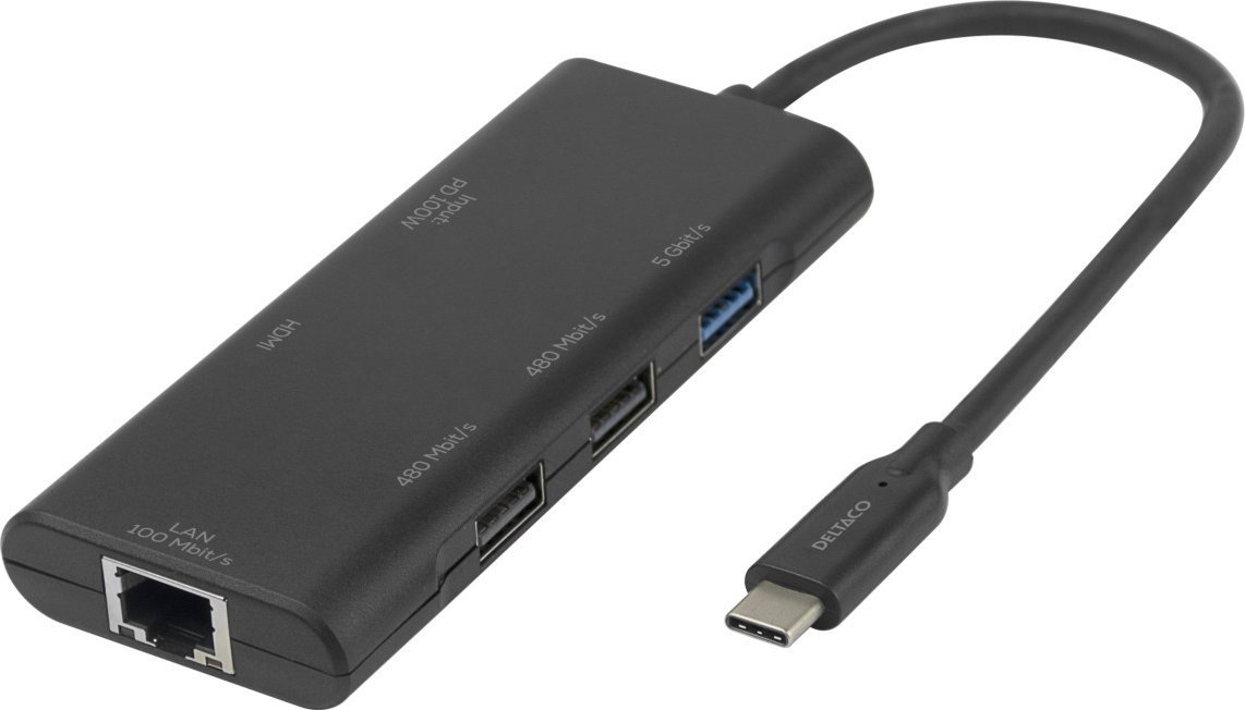 USB-C prijungimo stotelė DELTACO, viena, 1x HDMI, 3x USB-A, RJ45 / USBC-HDMI31 / 1902571