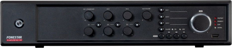 Fonestar Fonestar MAX-120Z - Strefowy wzmacniacz P.A. klasy D z zasilaniem impulsowym, 120 W RMS, 100 V/70V/4 , odtwarzacz USB/FM.