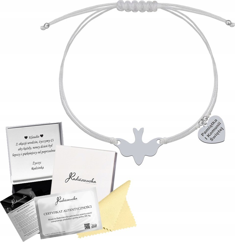 Radziszewska Jewellery Bransoletka na Bierzmowanie Gołębica Serce GRAWER Sznurek SREBRO 925