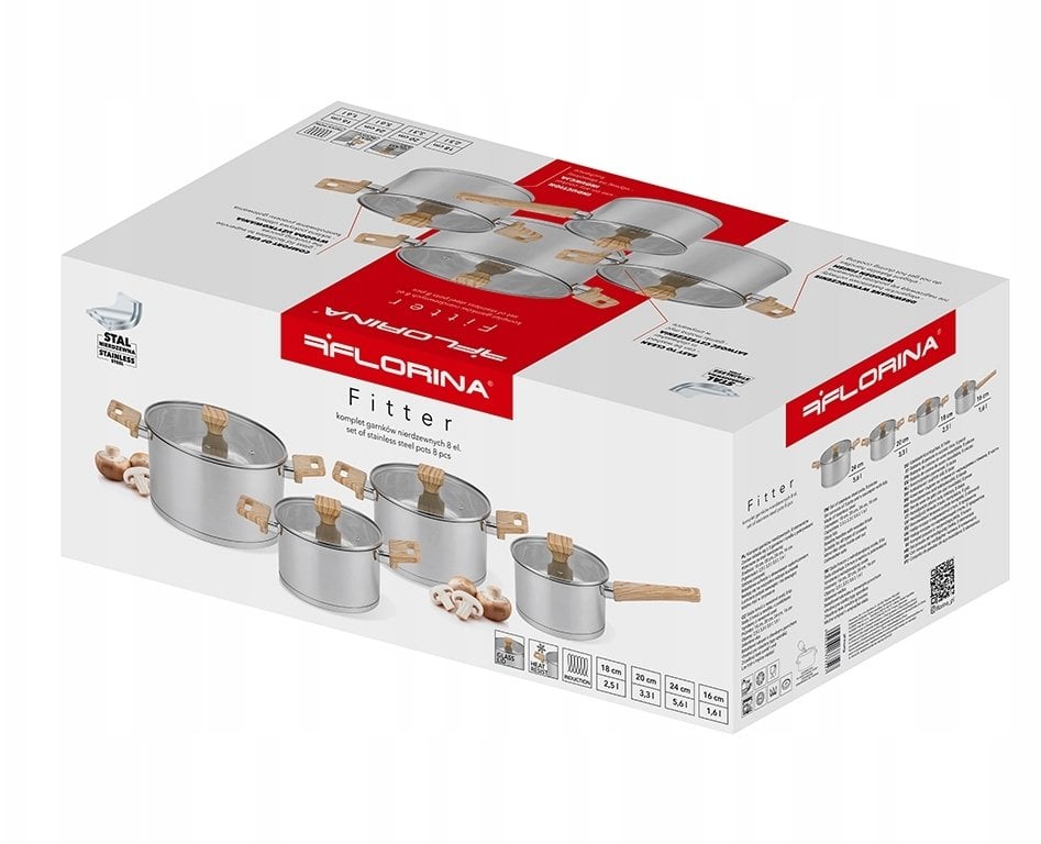 ZESTAW GARNKÓW FITTER INOX 8 CZ. (UCHWYTY DREWNIANE, 1,6L 2,5L 3,3L 5,6L +POKRYWKI)