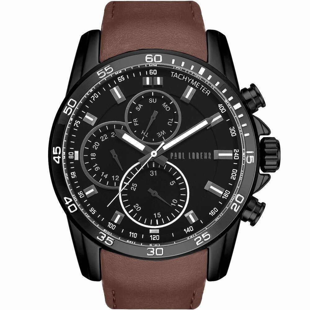 Zegarek męski Paul Lorens MATIAS czarny z brązowym paskiem